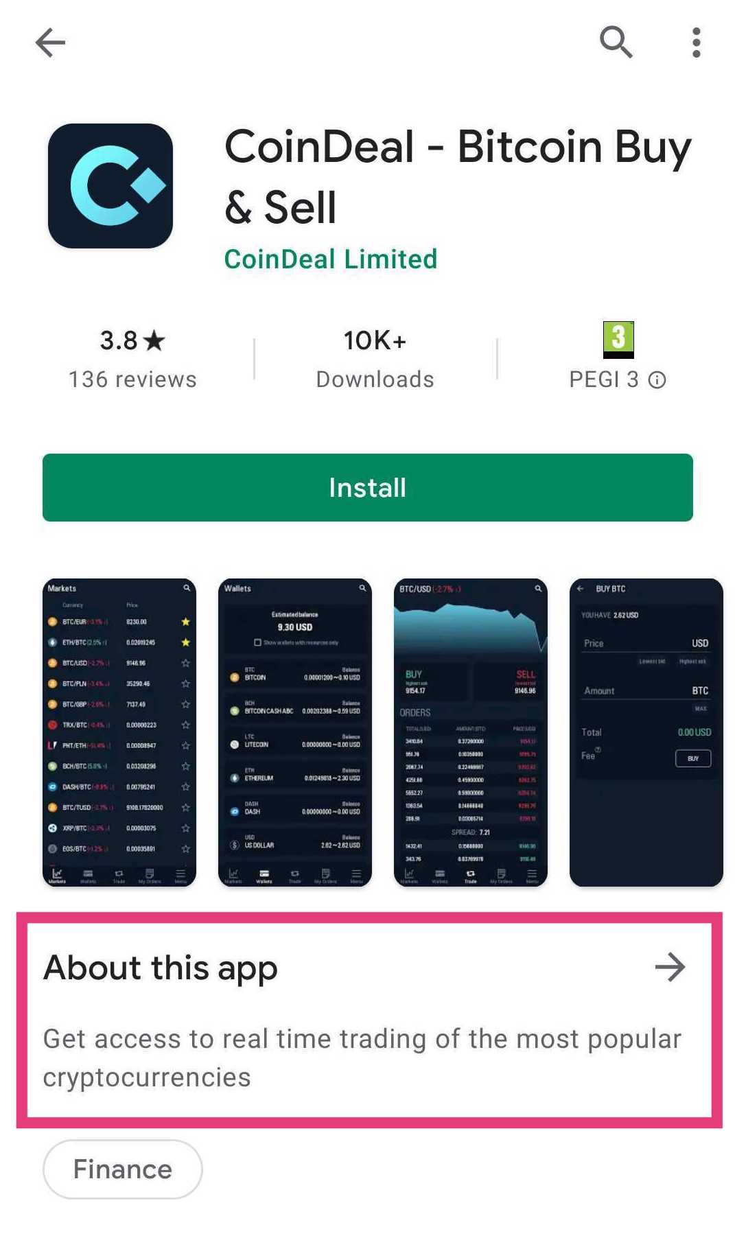 CoinDeal in Google Play store - short description